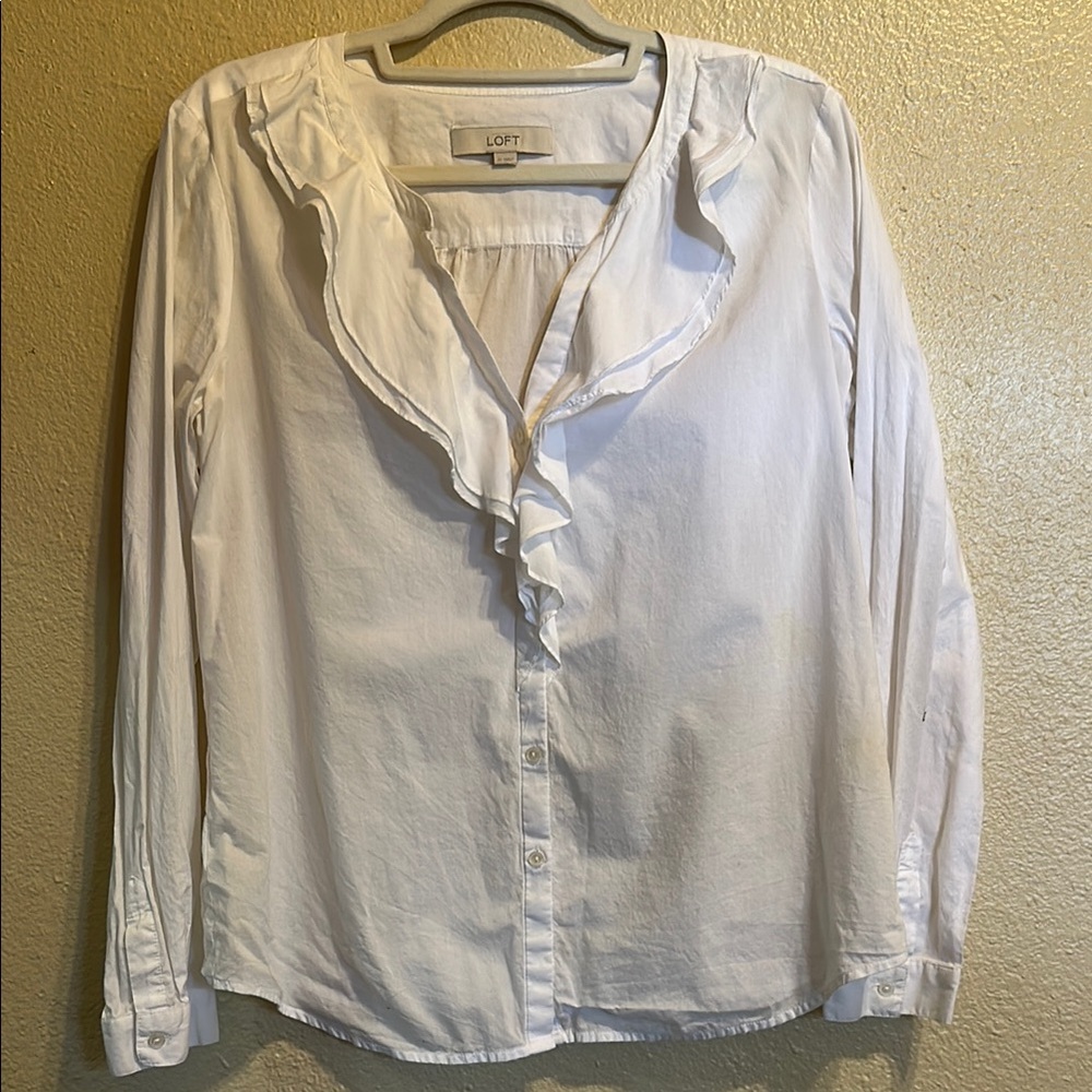LOFT White Ruffle Button Down Blouse